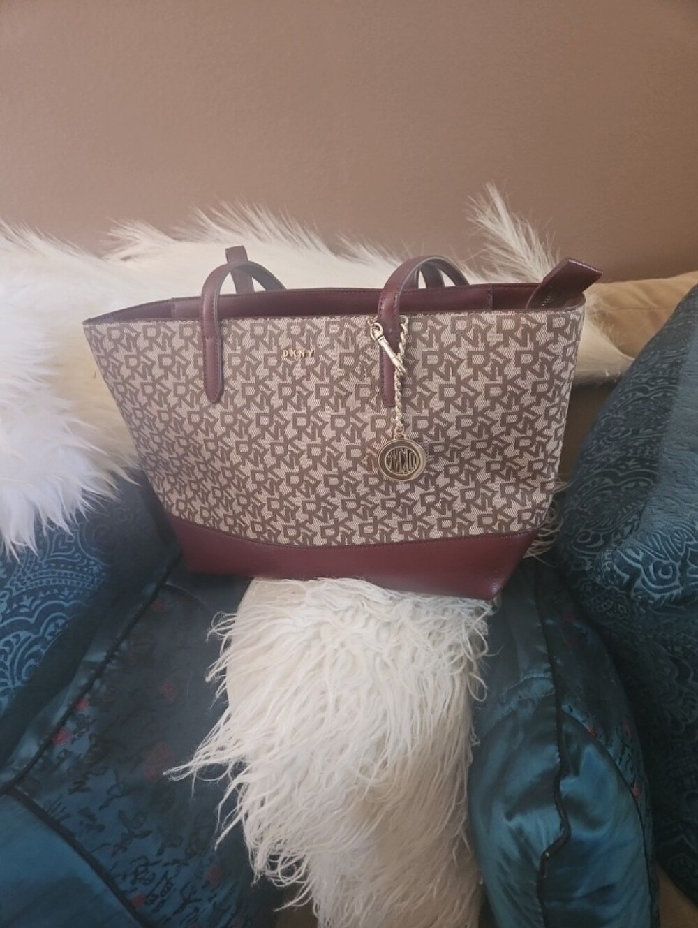 Donna Karan Brown Logo Canvas Tote with Gold Charm